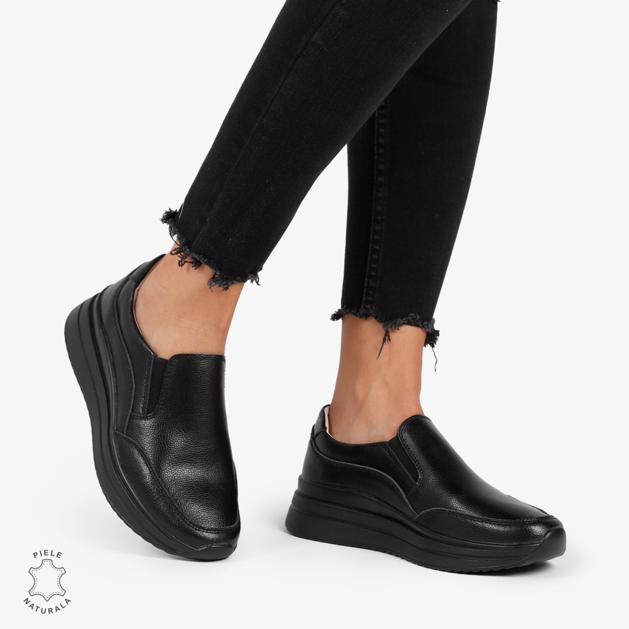 Pantofi Casual de dama din Piele Naturala Slip-On CRL1204 NEGRU