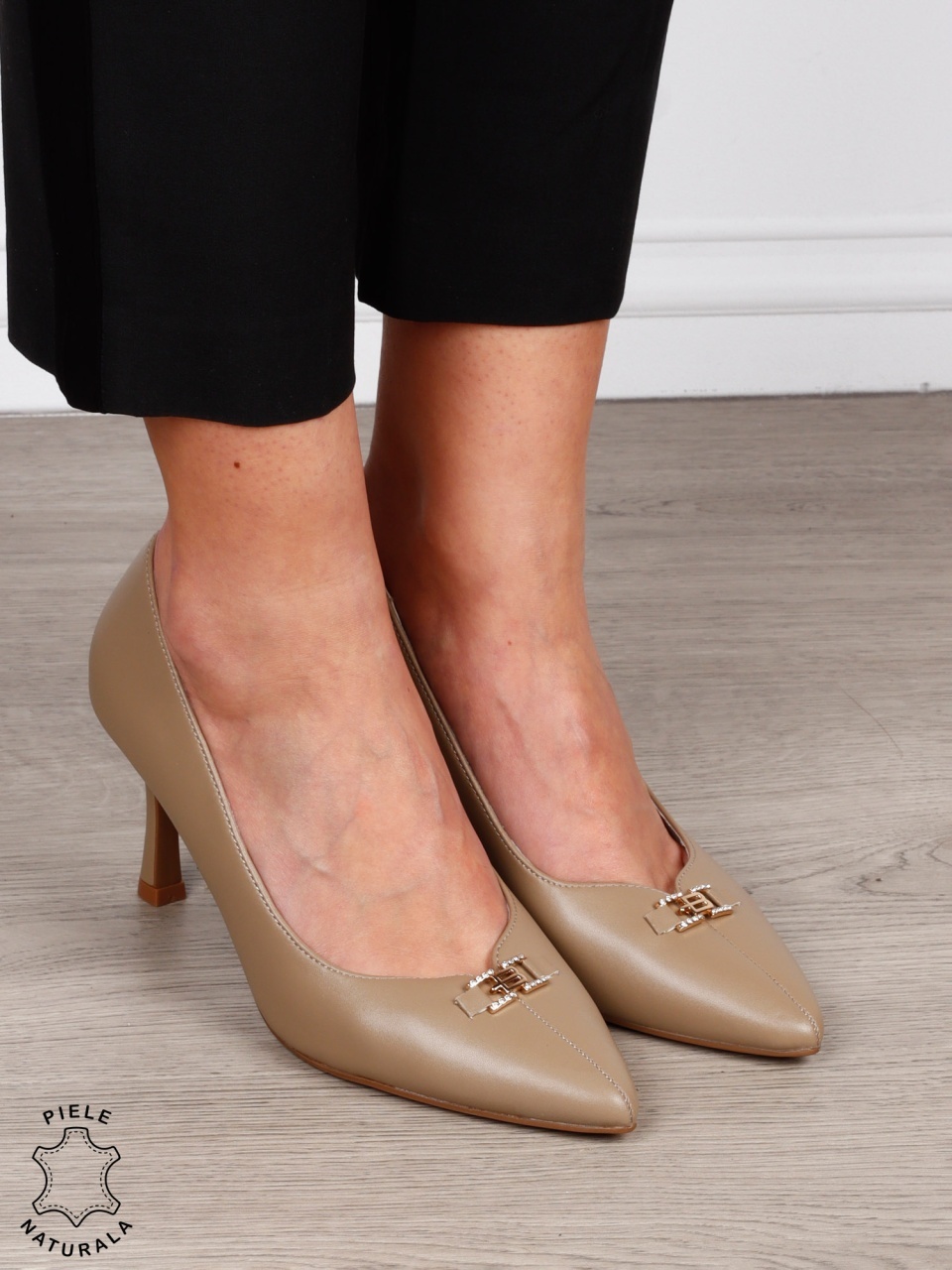 Pantofi Eleganti dama din piele naturala cu catarama CRL1577 KHAKI
