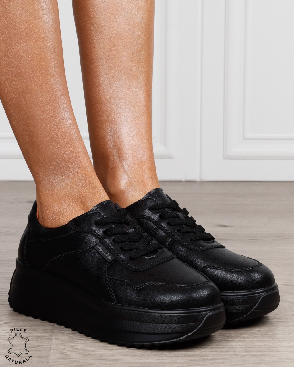 Pantofi sport damă din piele naturală cu siret CRL1881 NEGRU