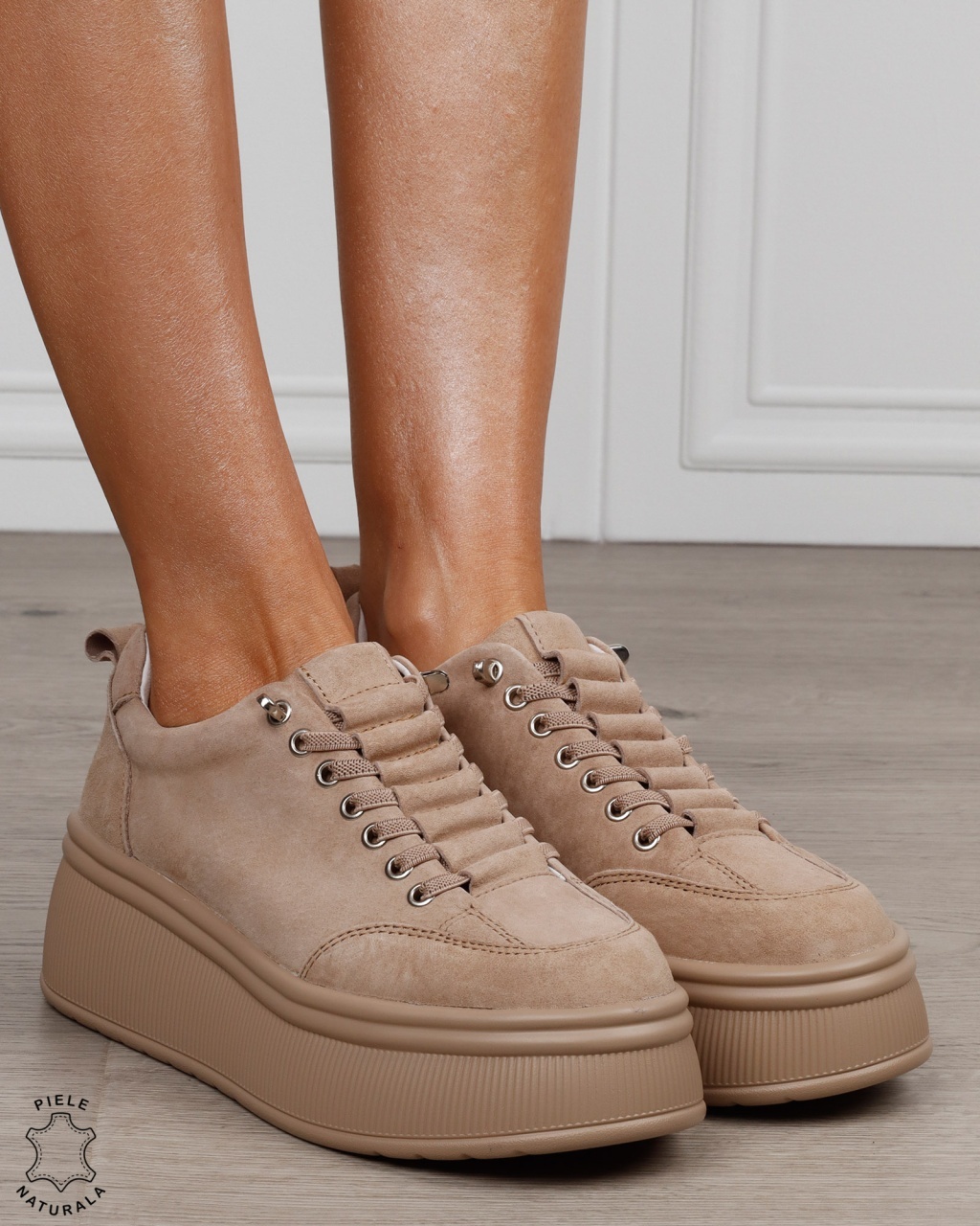 Pantofi sport damă din piele naturală Intoarsa cu șiret special CRL1880 KHAKI
