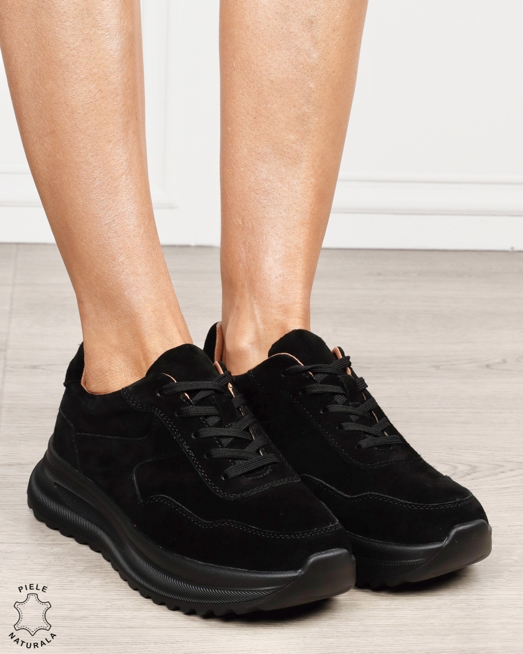 Pantofi sport damă din piele naturală Intoarsa cu talpă înaltă CRL1864 NEGRU