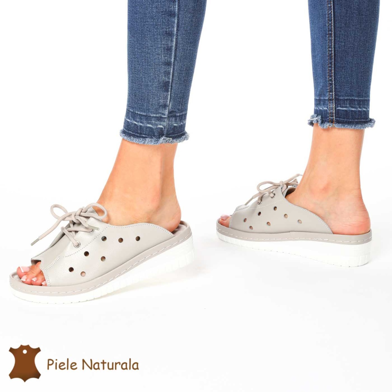 Papuci din Piele Naturala CRL0203 GRI