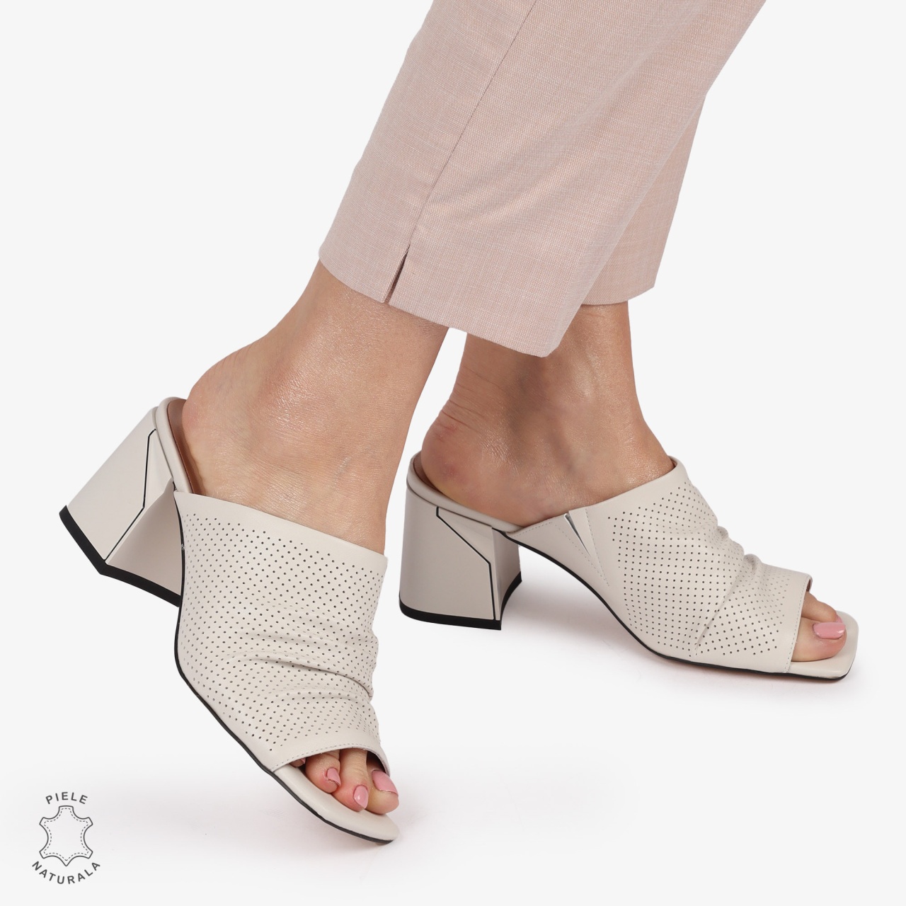 SANDALE CU TOC GROS DIN PIELE NATURALA CRL1390 BEJ