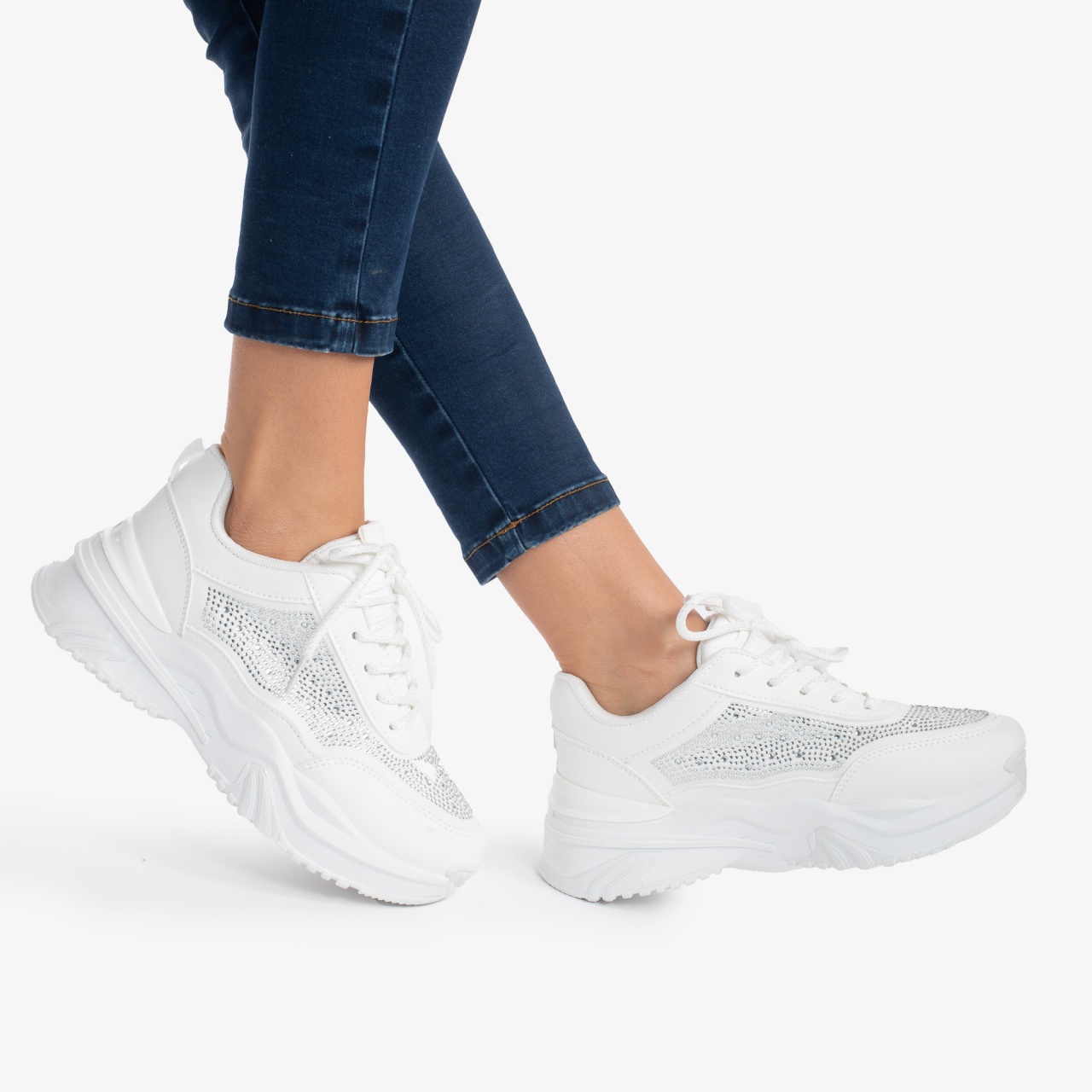 SNEAKERS DAMA din PIELE ECOLOGICA CU STRAS CRL0862 ALB