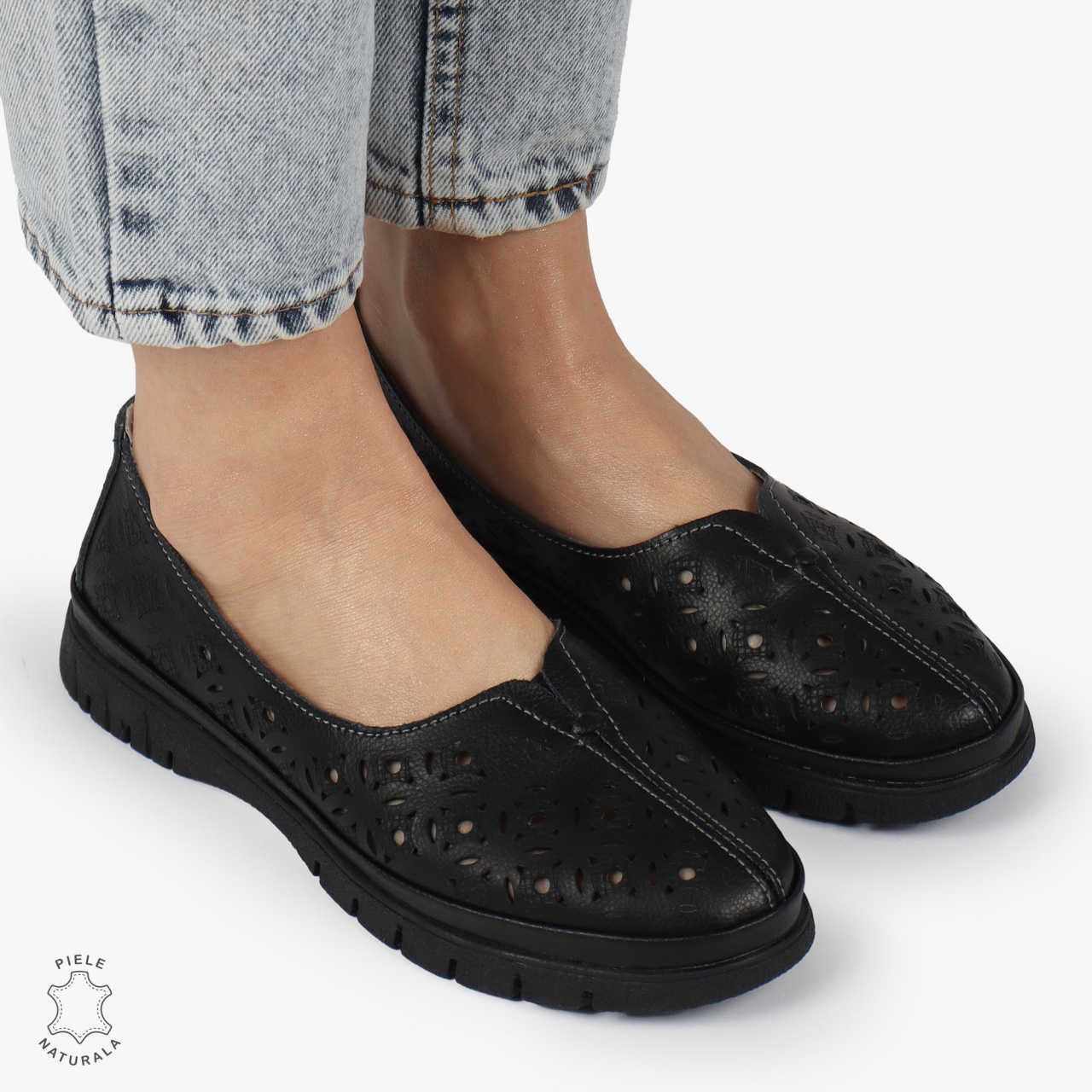 BALERINI dama din Piele naturala PERFORATA SLIP-ON CRL1360 NEGRU