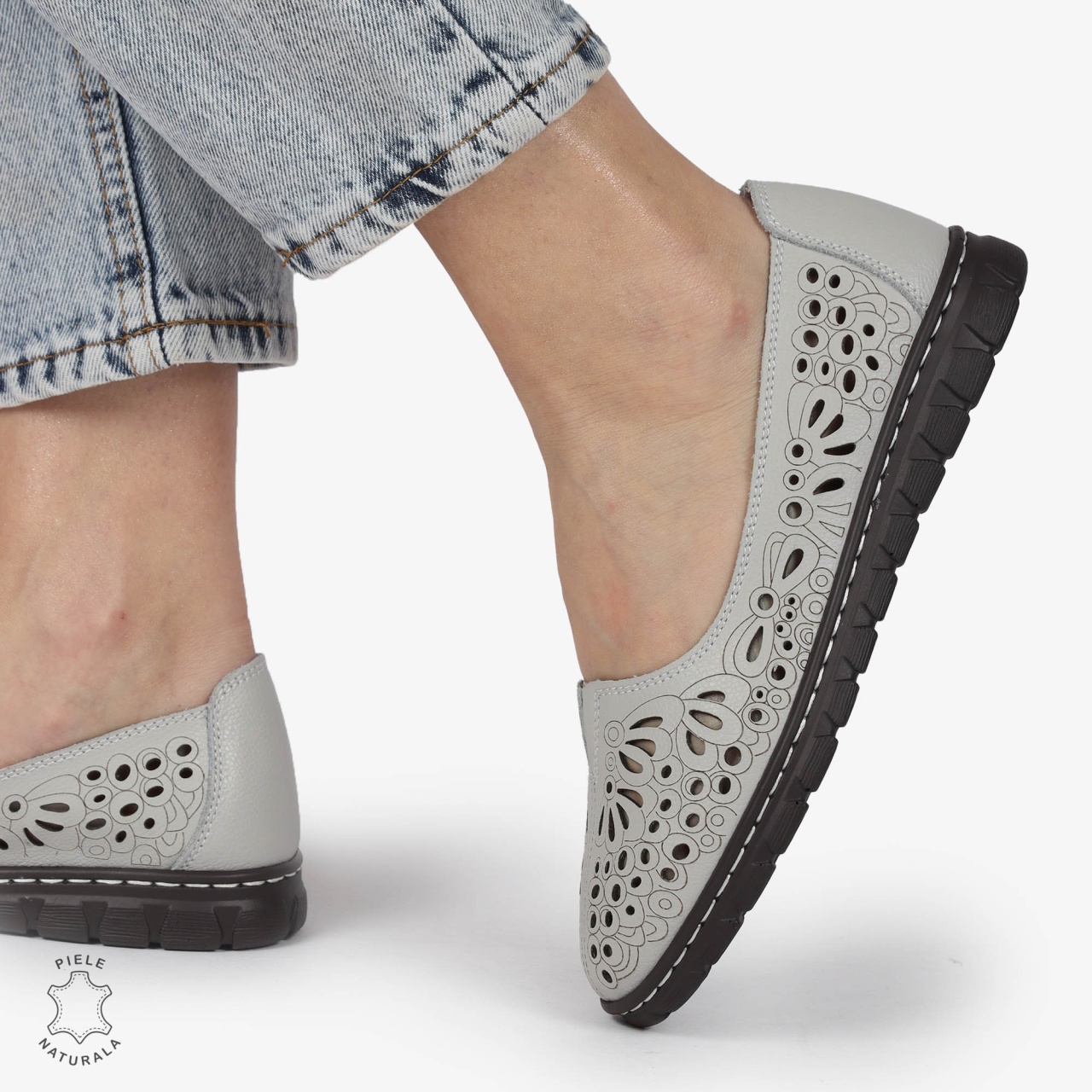 BALERINI dama din Piele naturala PERFORATA SLIP-ON CRL1363 GRI