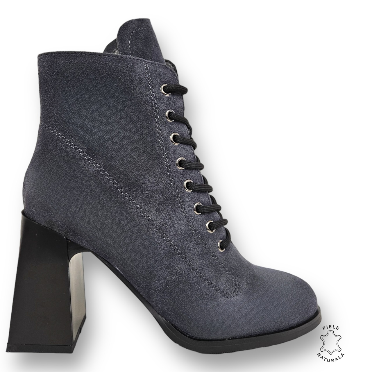BOTINE DAMA din PIELE NATURALA INTOARSA CU TOC GROS CRL0899 CULOARE:GRI INCHIS