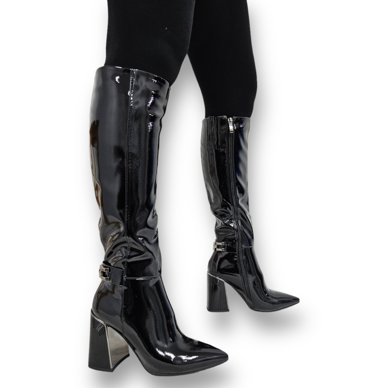 CIZME DAMA din PIELE Ecologica LACUITA cu FERMOAR CRL0924 CULOARE: Negru