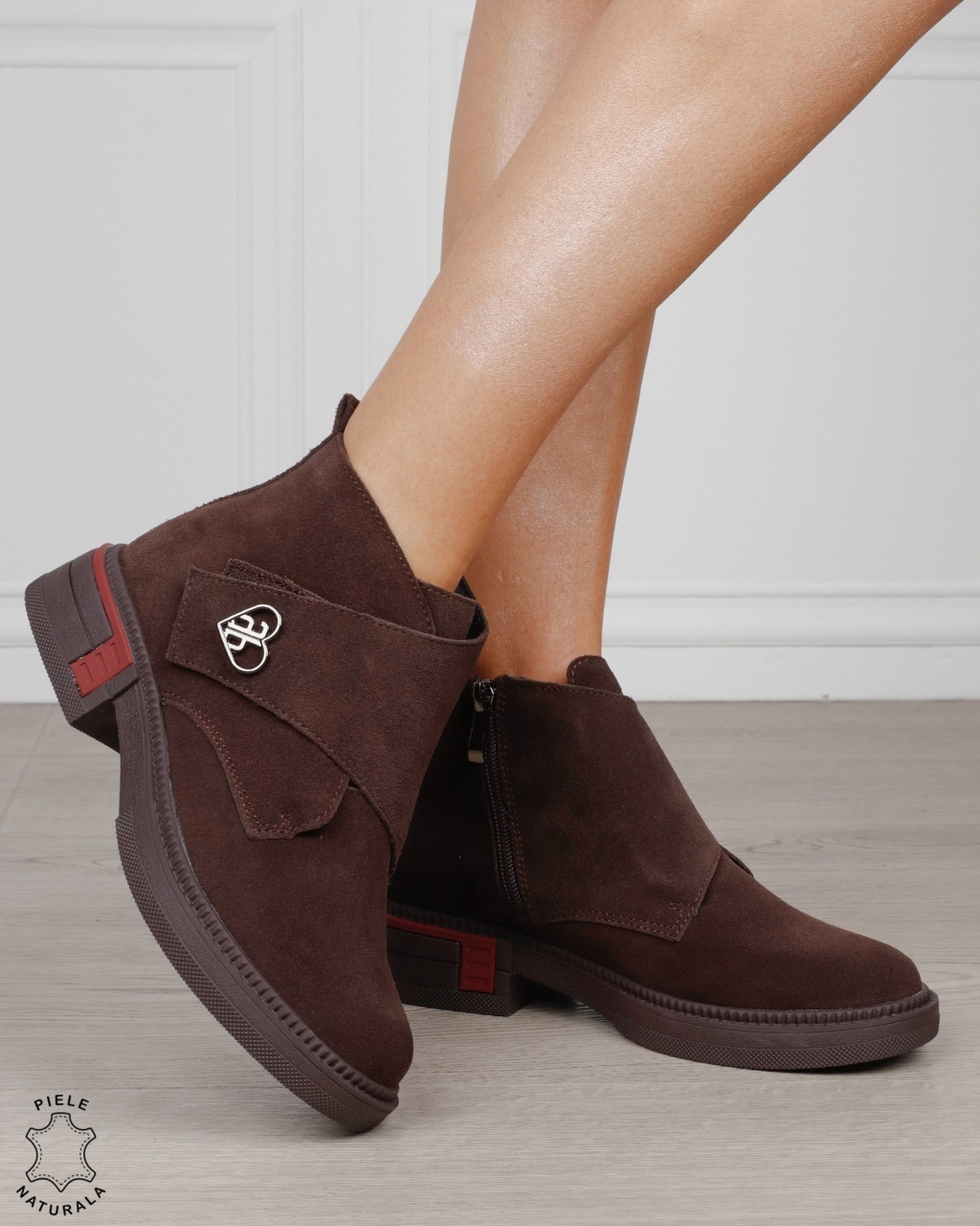 Ghete damă casual din piele întoarsă cu baretă și cataramă laterală CRL1888 CAFENIU