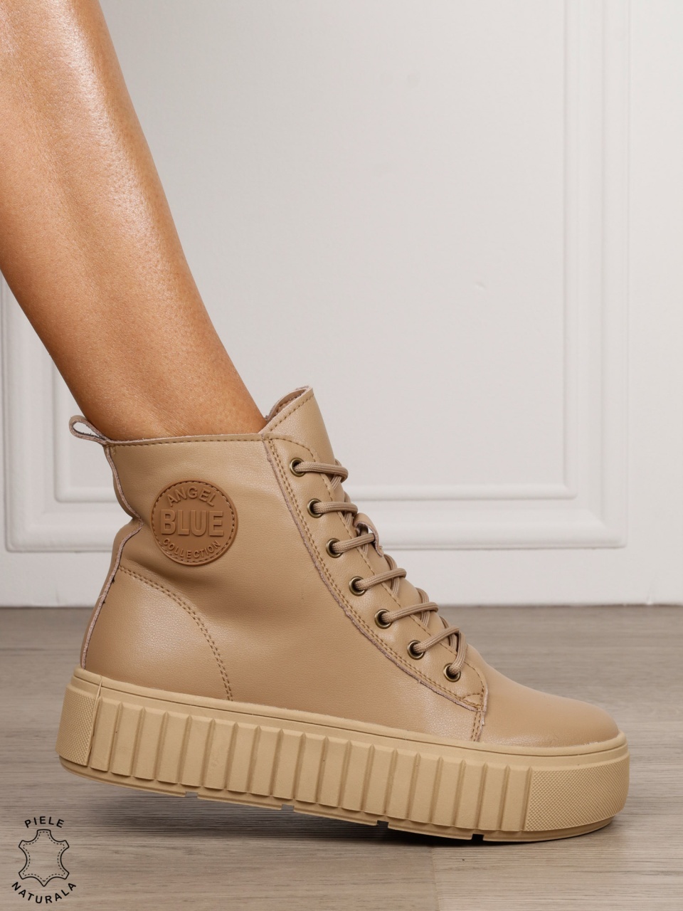 Ghete damă din piele naturală cu șireturi și talpă groasă CRL1850 KHAKI