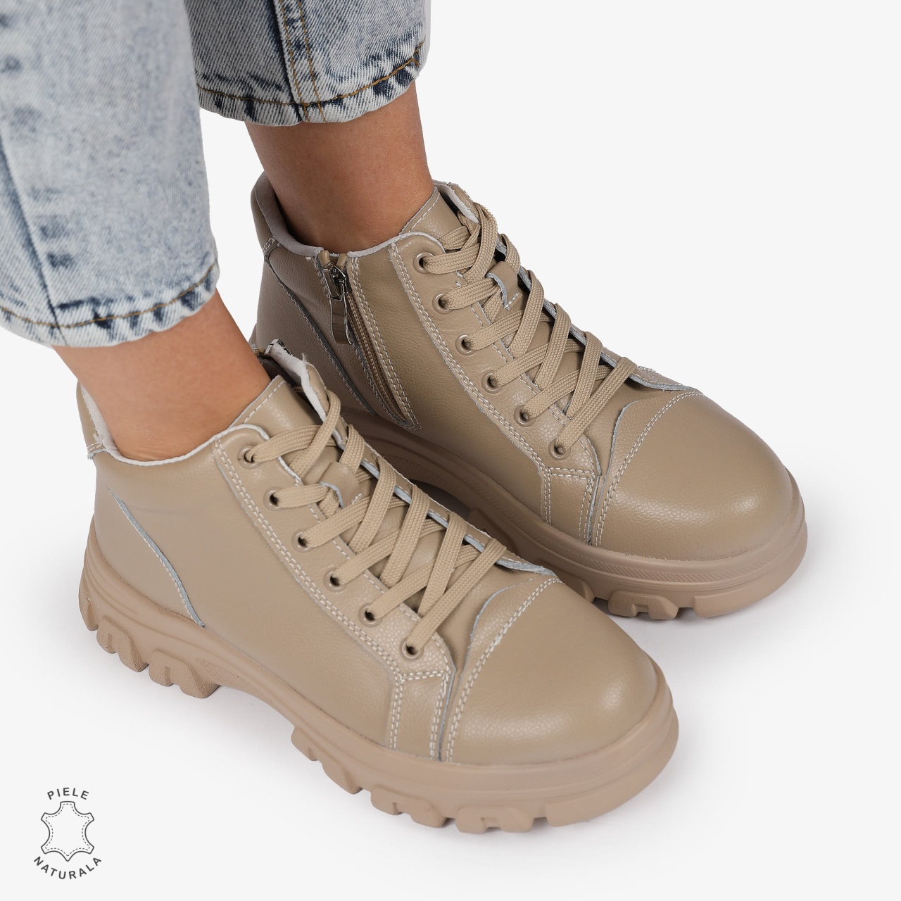 Ghete Dama DIN Piele Naturala CU TALPA ADERENTA CRL1299 KHAKI