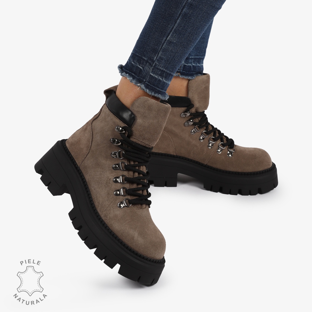 Ghete DAMA din PIELE Naturala Intoarsa Tip Combat Boot CRL1240 MARO