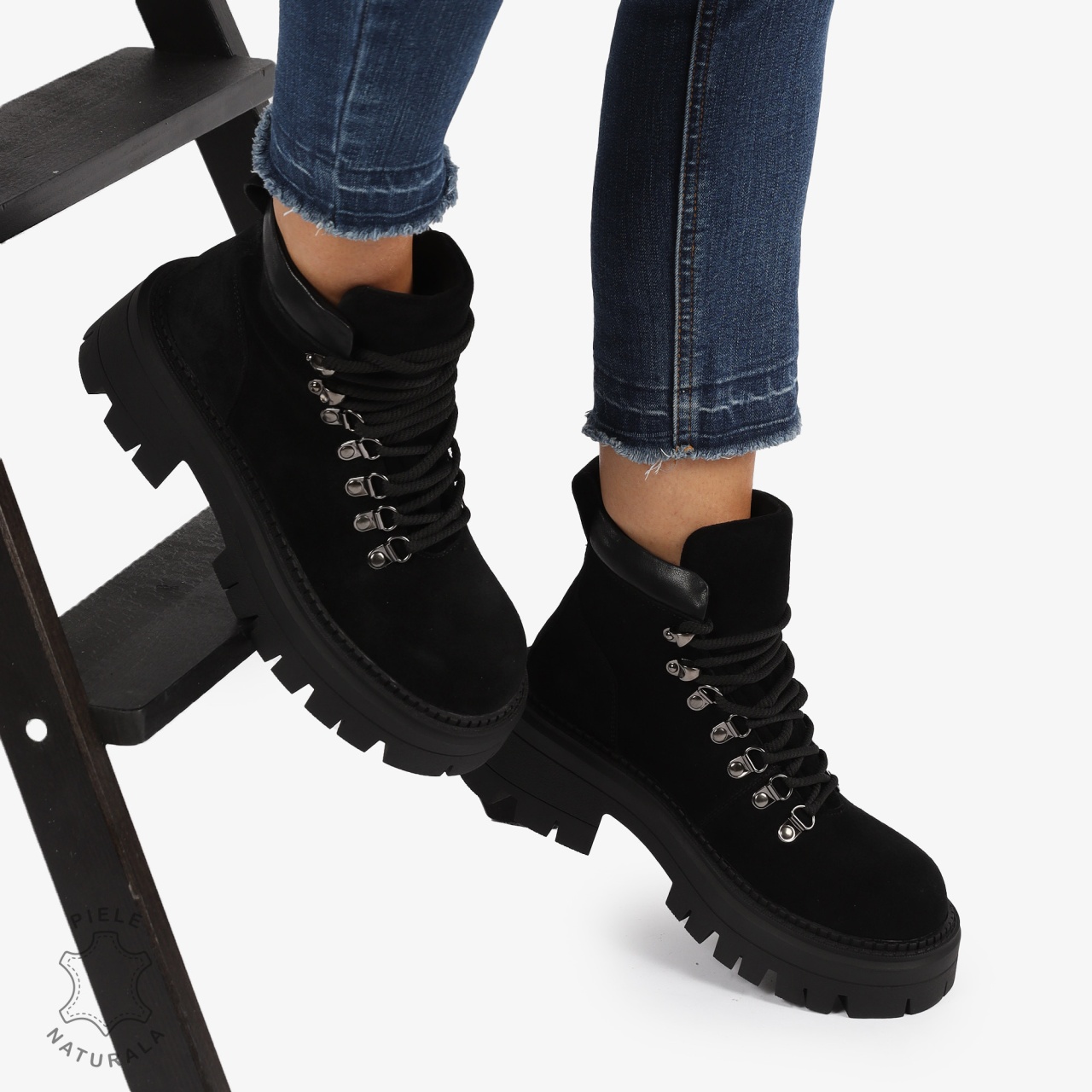 Ghete PIELE Naturala INTOARSA Intoarsa Tip Combat Boot CRL1240 Negru