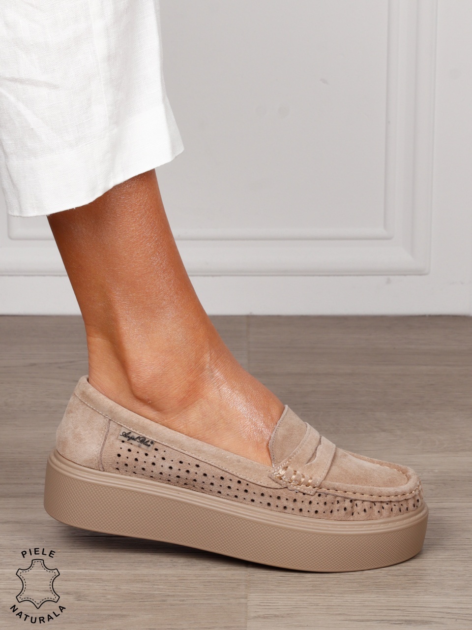 MOCASINI damă din piele naturală intoarsa cu talpa inalta CRL1580 KHAKI