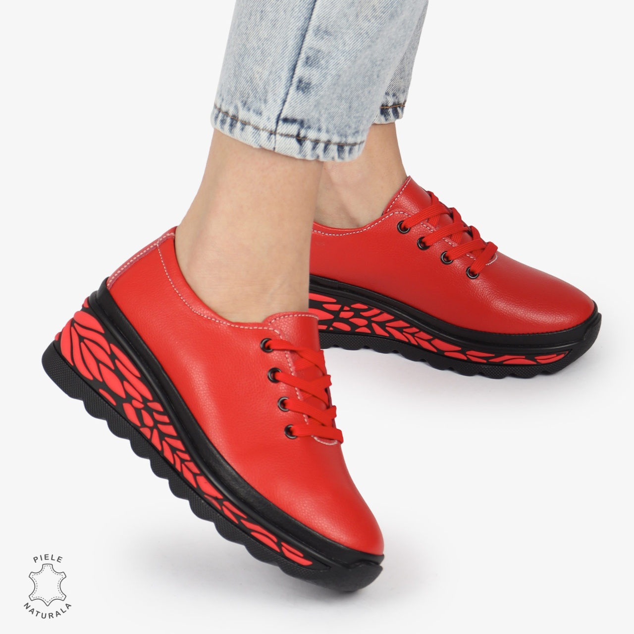 Pantofi Casual dama din Piele naturala CU DESIGN PE TALPA SIRET CRL1345 ROSU