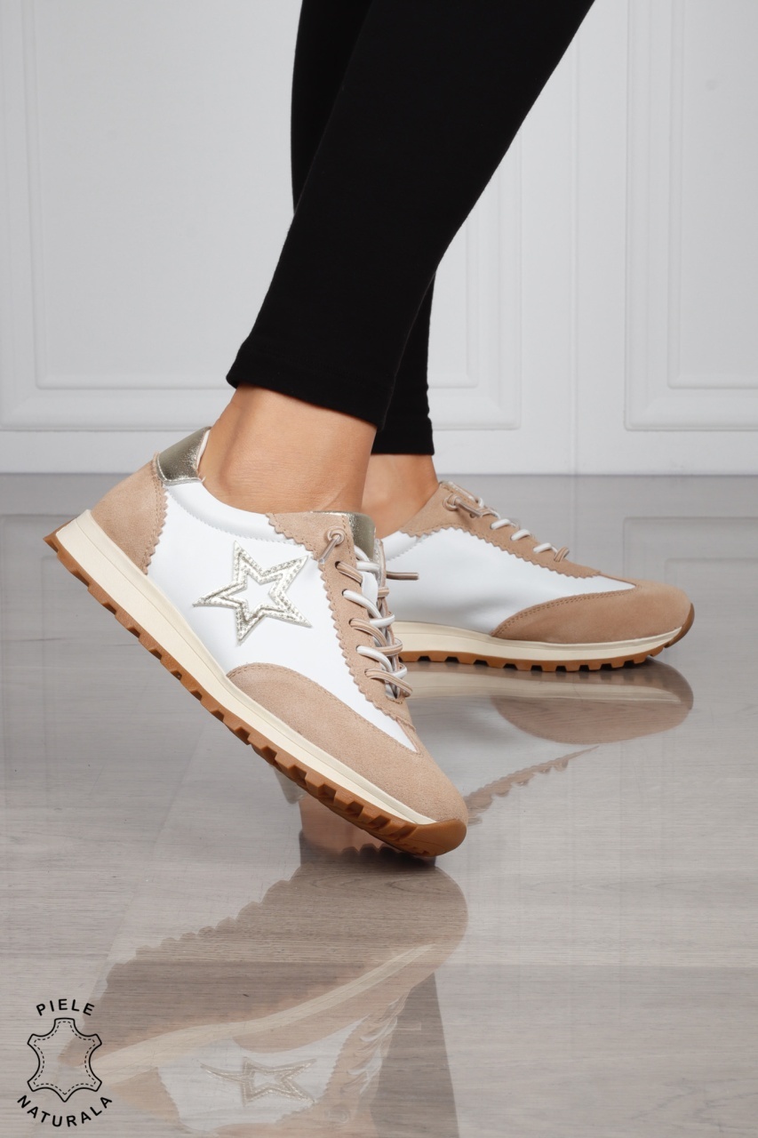Pantofi Casual DAMA din PIELE Naturala cu model Stea Laterala CRL1530 ALB+CAMEL