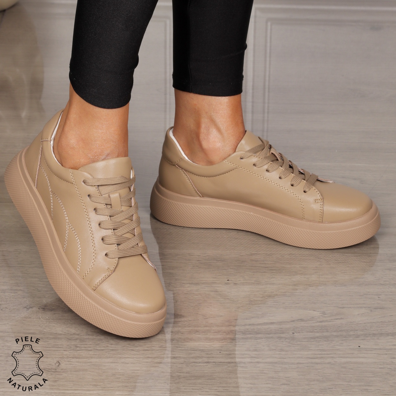 Pantofi CASUAL damă din piele naturală CU SIRET CRL1452 KHAKI