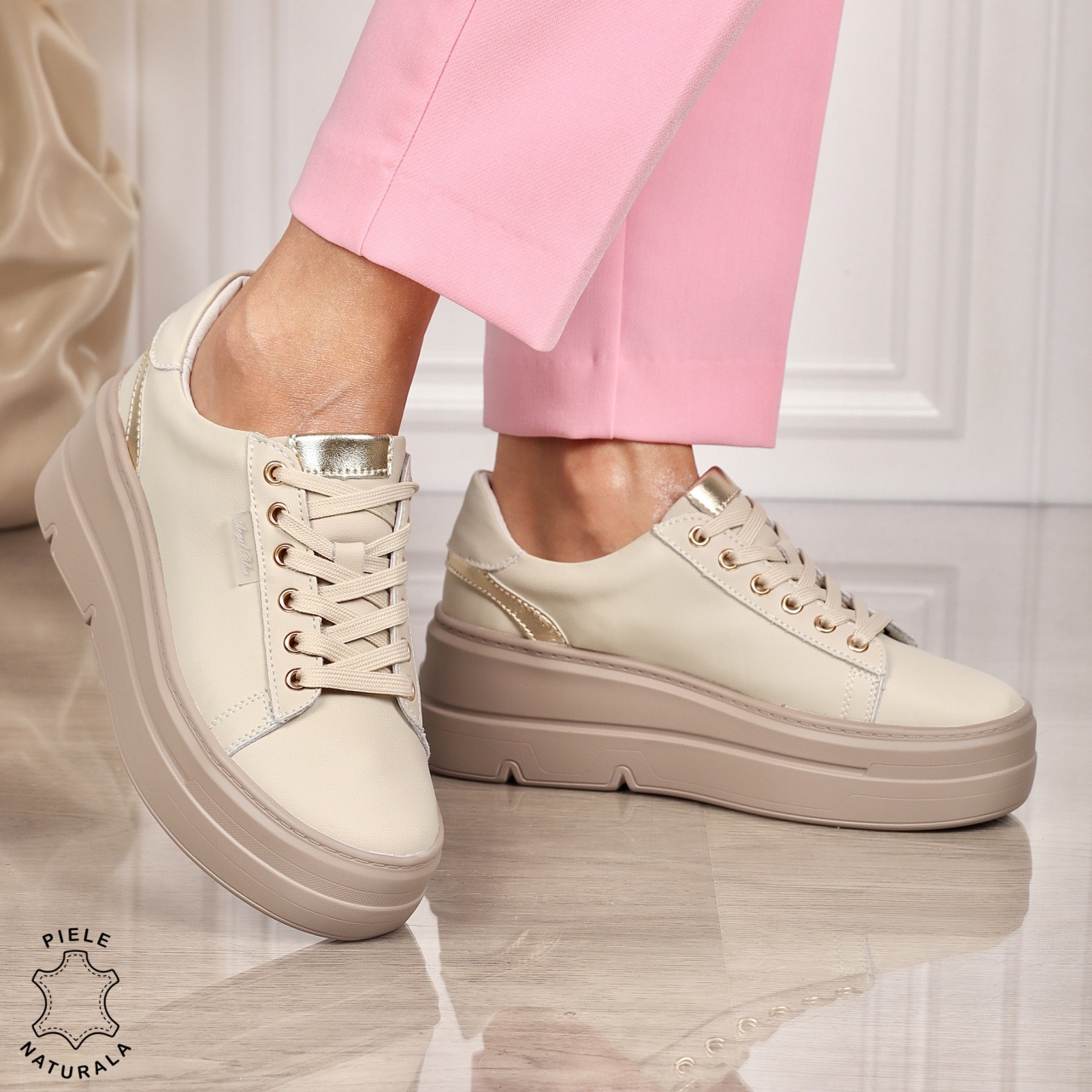 Pantofi CASUAL damă din piele naturală CU SIRET CRL1453 BEJ