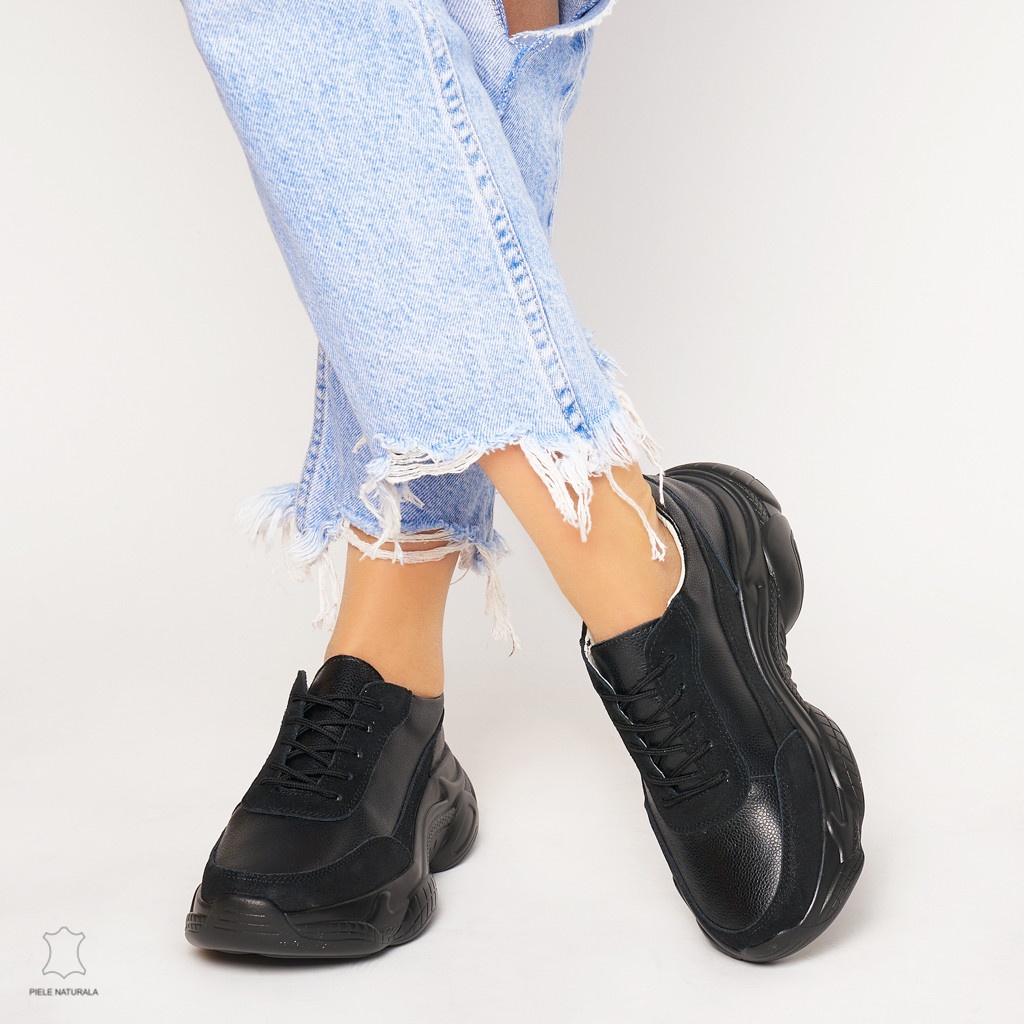 Pantofi Casual dama din Piele naturala cu talpa groasa CRL0037 NEGRU