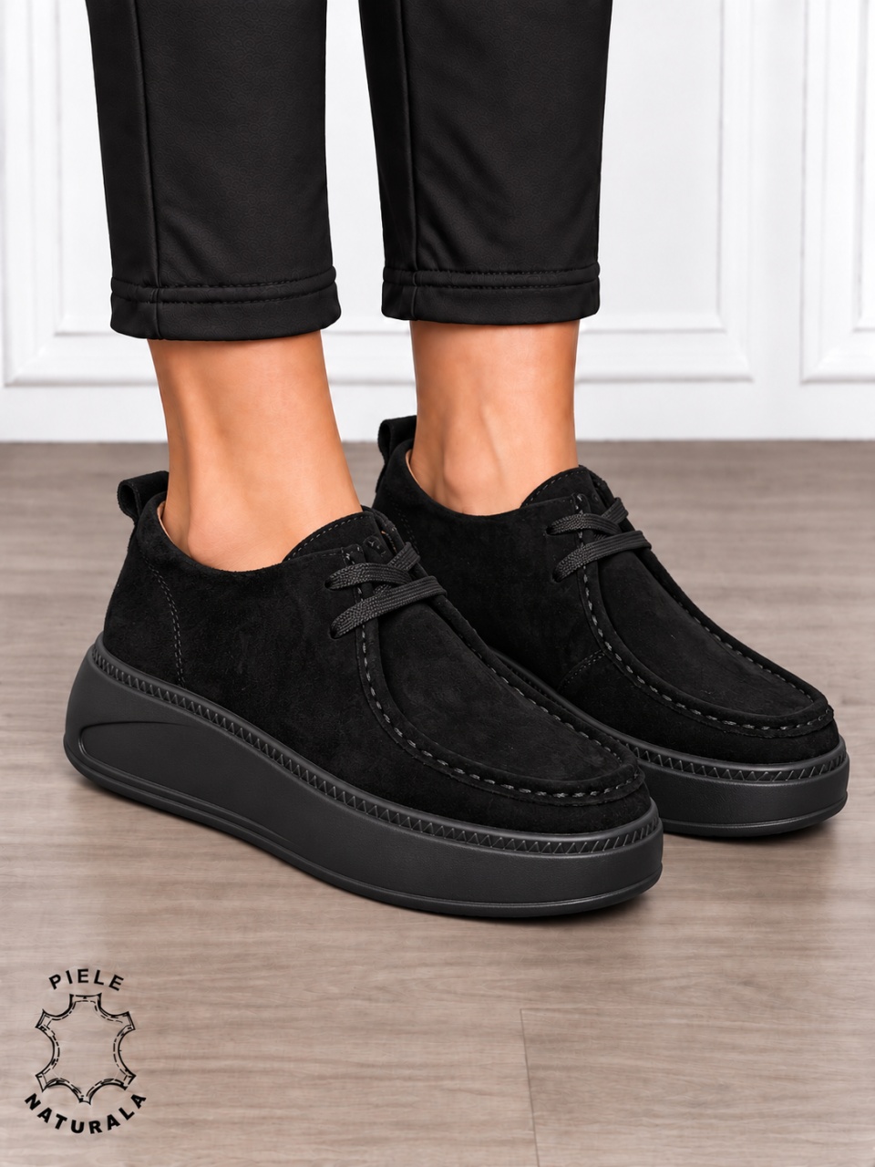 Pantofi casual damă din piele naturală întoarsă cu talpa confortabilă CRL1917 NEGRU