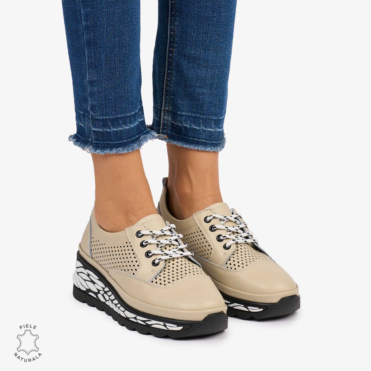 Pantofi Casual dama din Piele Naturala perforata talpa speciala cu model CRL1073 CULOARE: BEJ