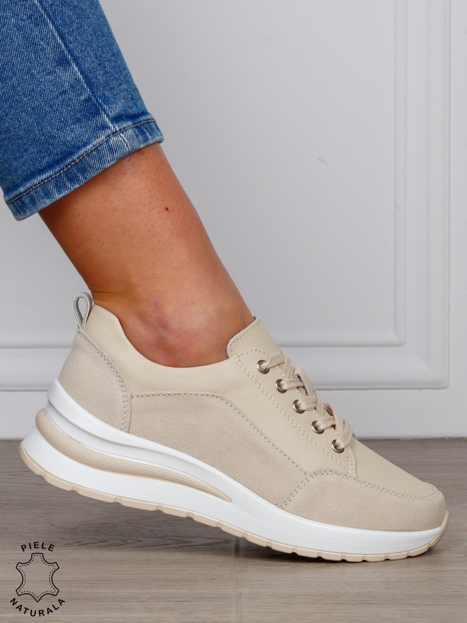 PANTOFI CASUAL Dama Piele Naturala cu siret CRL1593 BEJ