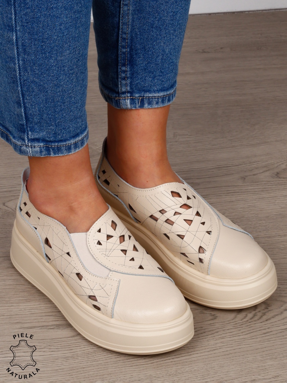 PANTOFI CASUAL Dama Piele Naturala Perforat Slip-on CRL1594 BEJ