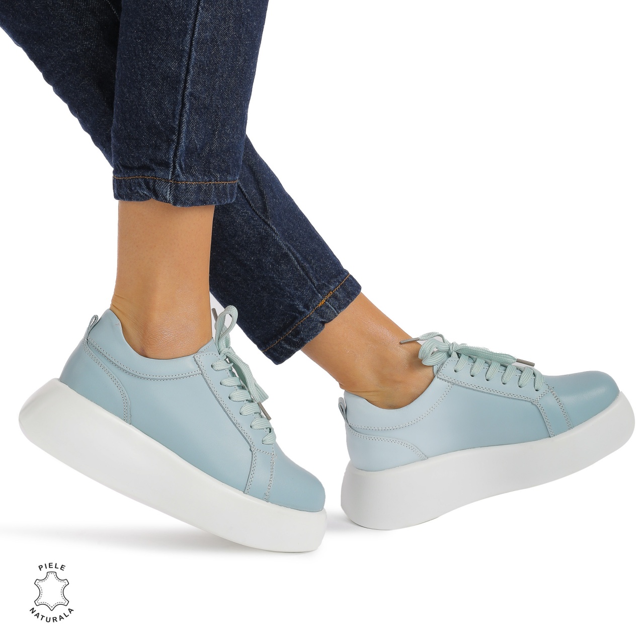 Pantofi casual piele naturala cu talpa inalta CRL881 ALBASTRU