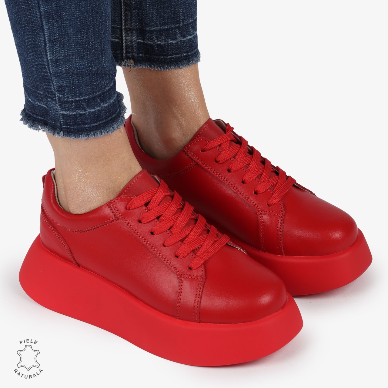 Pantofi casual piele naturala cu talpa inalta CRL881 ROSU