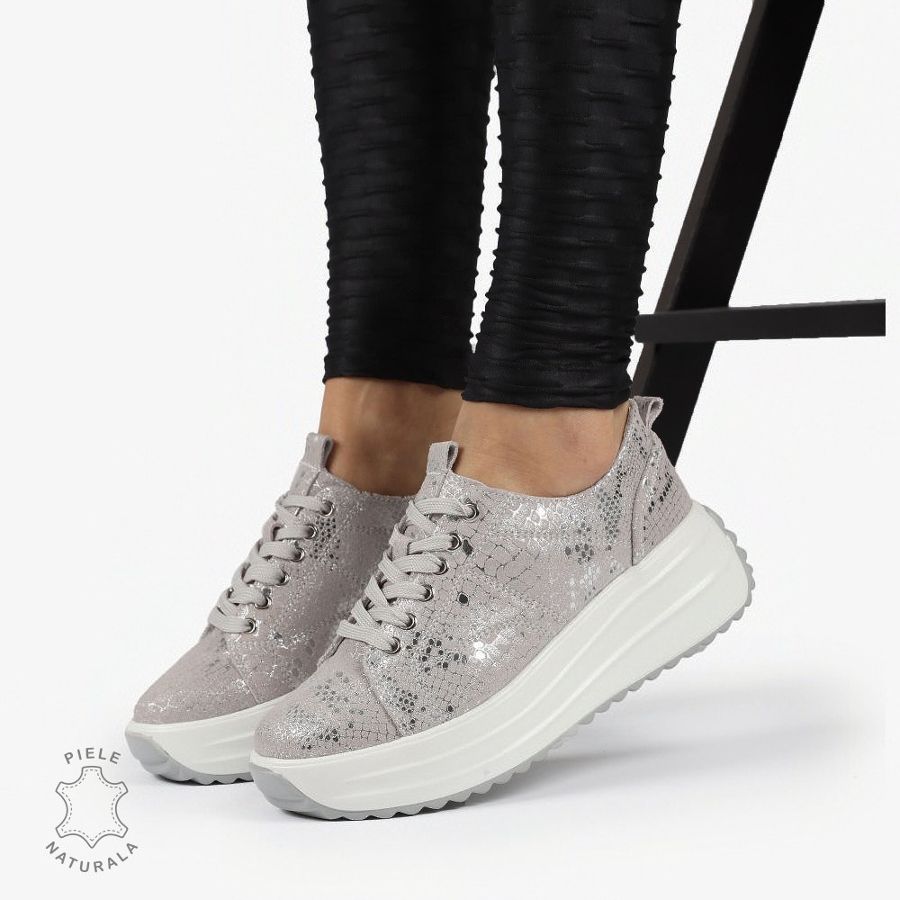 Pantofi casual piele naturala Intoarsa cu INCHIDERE SIRET CRL1306 ARGINTIU