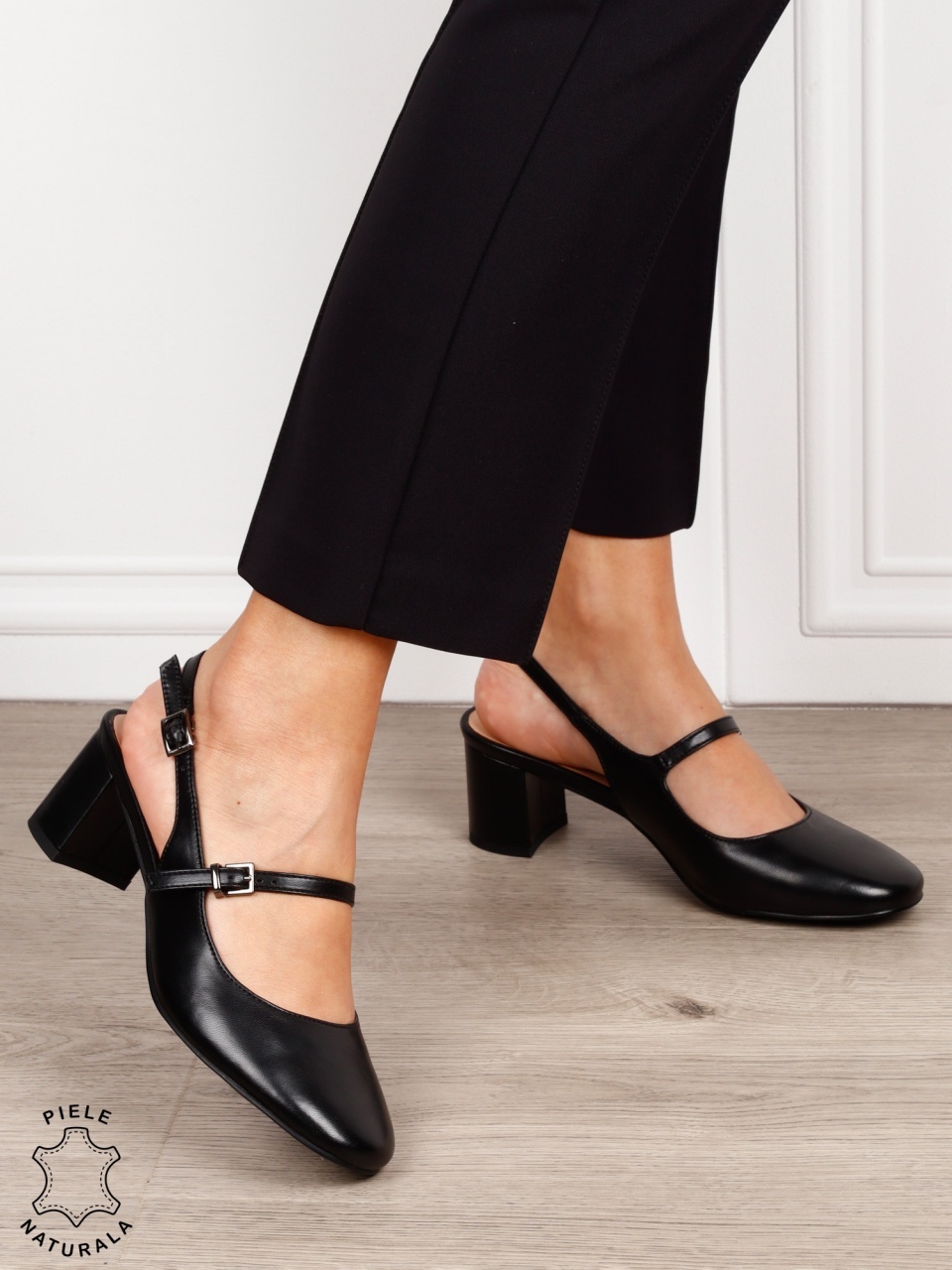 Pantofi dama eleganti cu toc gros si inchidere dubla CRL1608 Negru