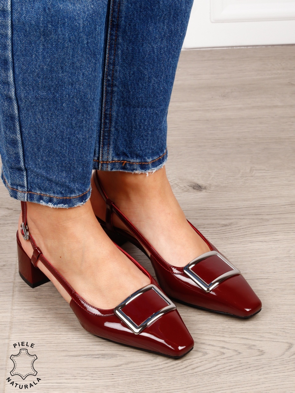 Pantofi dama eleganti din piele naturala cu toc gros mic CRL1615 Bordo