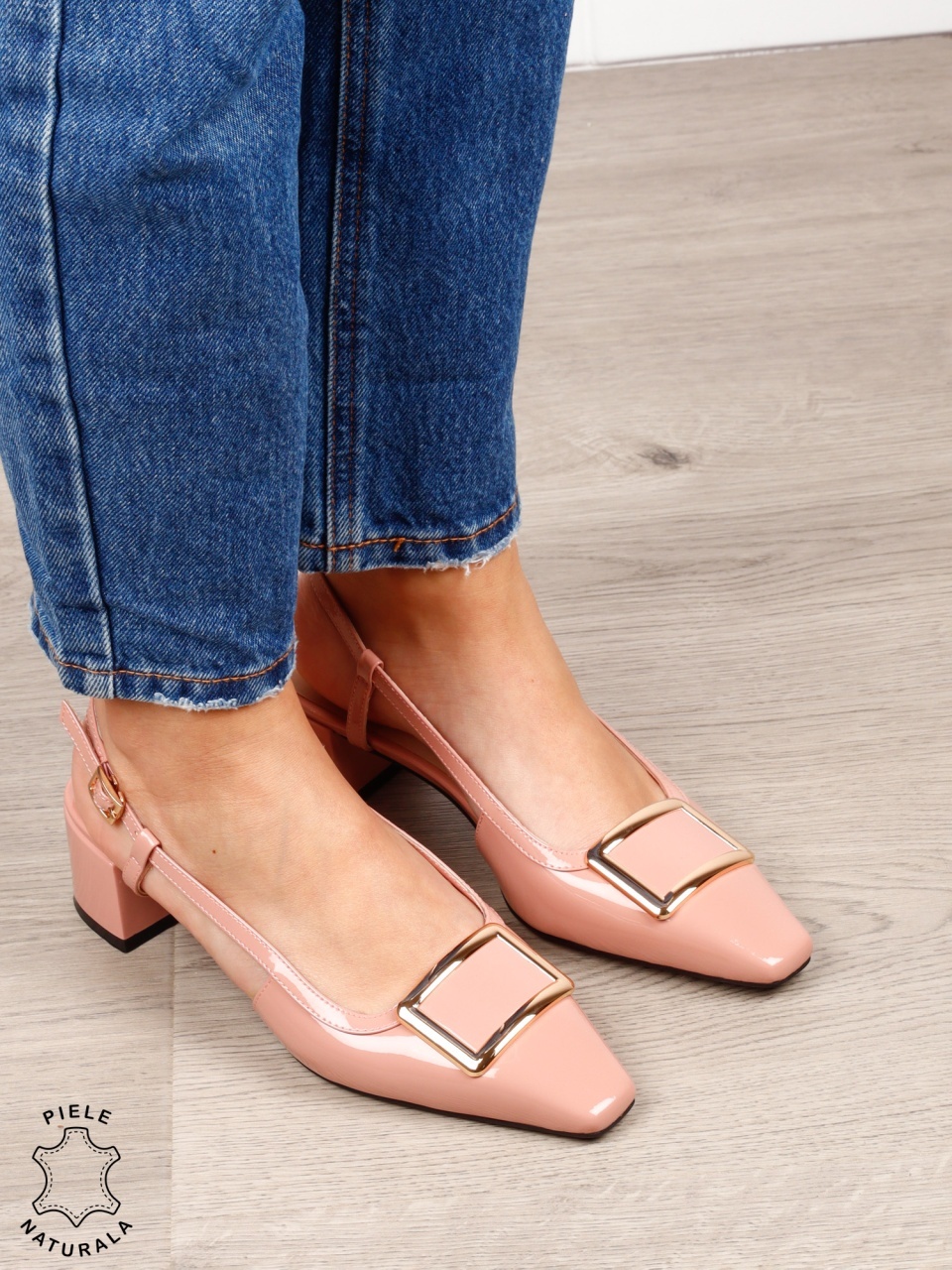 Pantofi dama eleganti din piele naturala cu toc gros mic CRL1615 Roz