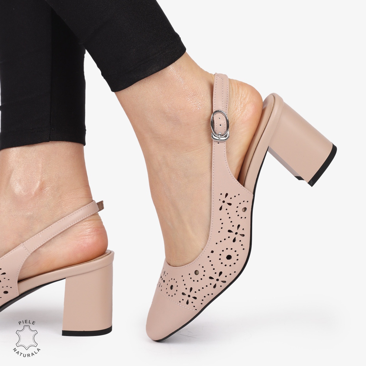 PANTOFI ELEGANTI dama din Piele Naturala CU TOC GROS SI MODEL PERFORAT CRL0995 ROZ