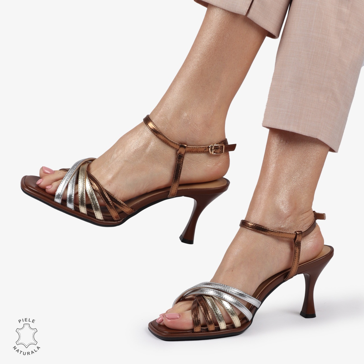 PANTOFI ELEGANTI DIN PIELE NATURALA CU TOC SUBTIRE SI VARF PATRAT CRL01386 BRONZ