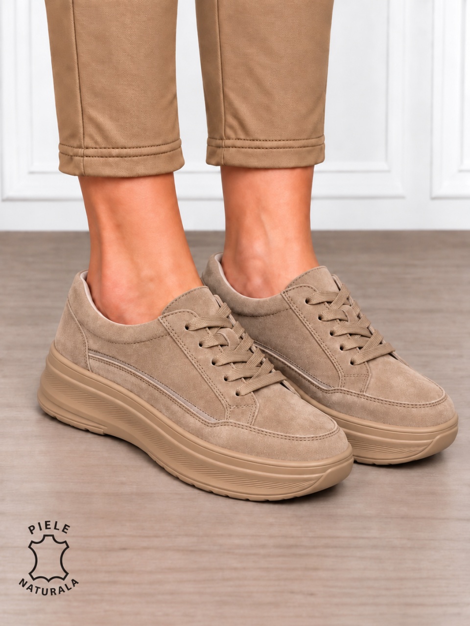 Pantofi sport damă din piele naturală Intoarsa stil clasic și versatil CRL1867 KHAKISUEDE