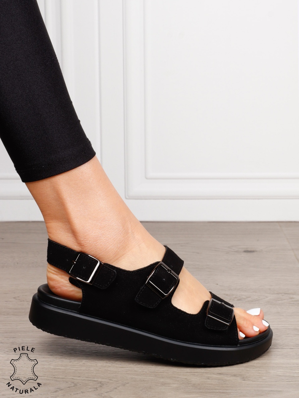 Sandale dama din Piele Naturala intoarsa cu talpa plata CRL1561 Negru