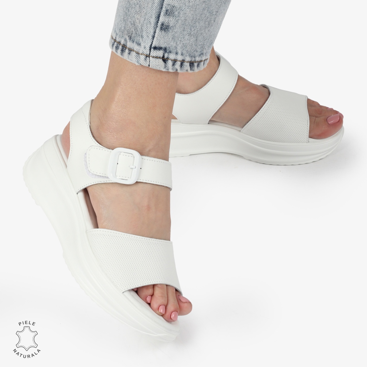 SANDALE Dama Piele Naturala CU CATARAMA CU TALPA INALTA CRL1371 ALB