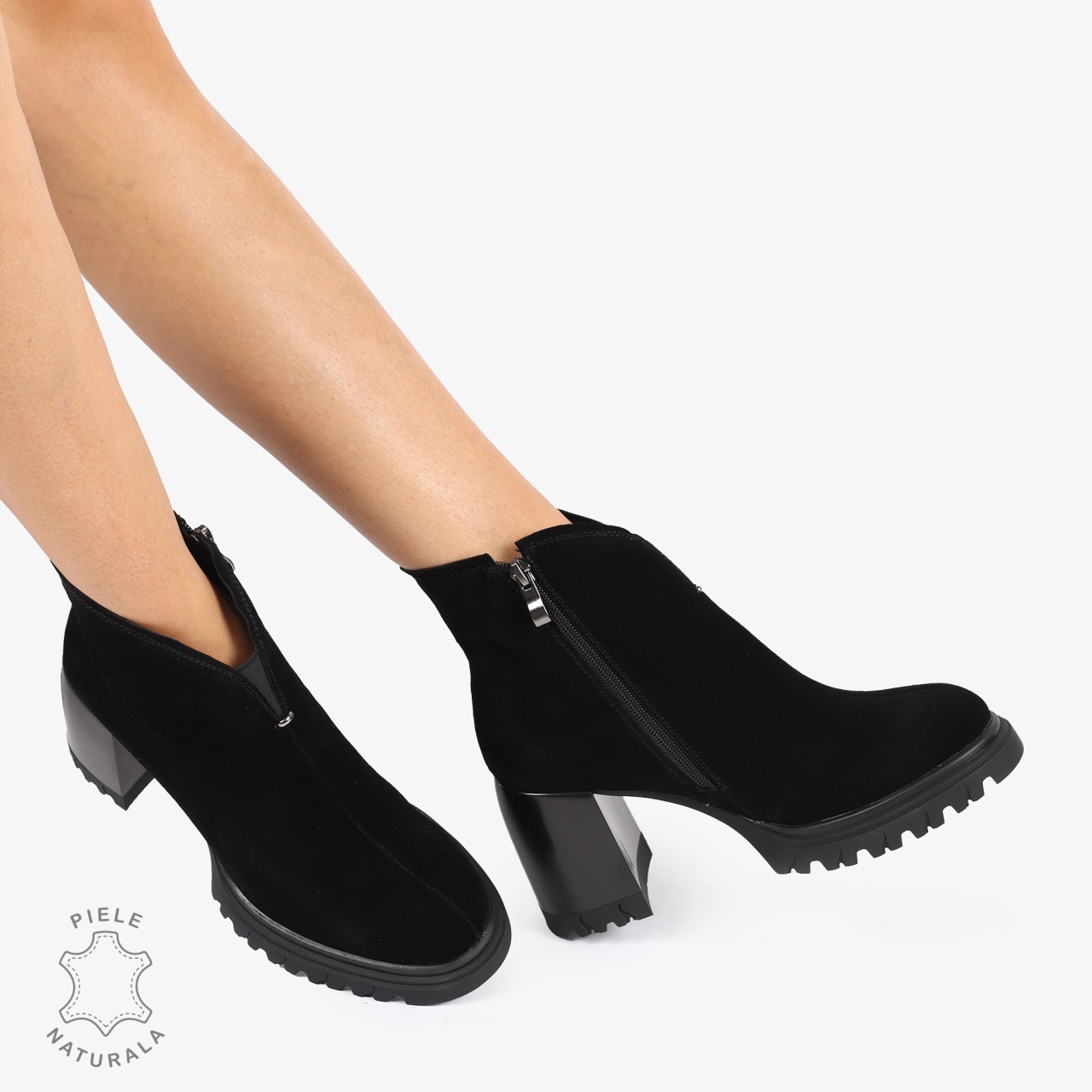 Botine piele naturala intoarsa cu toc Gros si Talpa Aderenta CRL1236 NEGRU