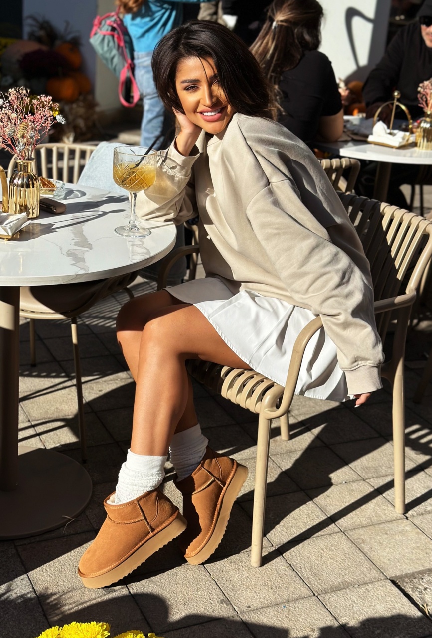 CIZME TIP UG DAMA SCURTE din PIELE NATURALA INTOARSA CRL1267 CULOARE: CAMEL