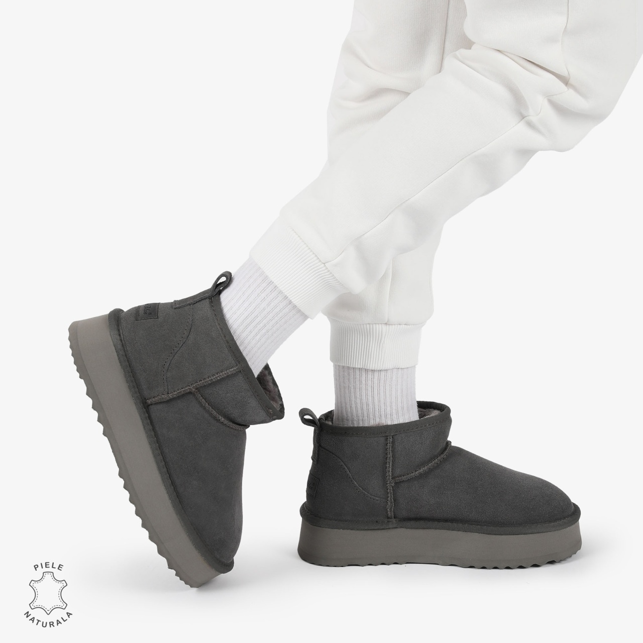 CIZME TIP UG DAMA SCURTE din PIELE NATURALA INTOARSA CRL1267 CULOARE: GRI INCHIS