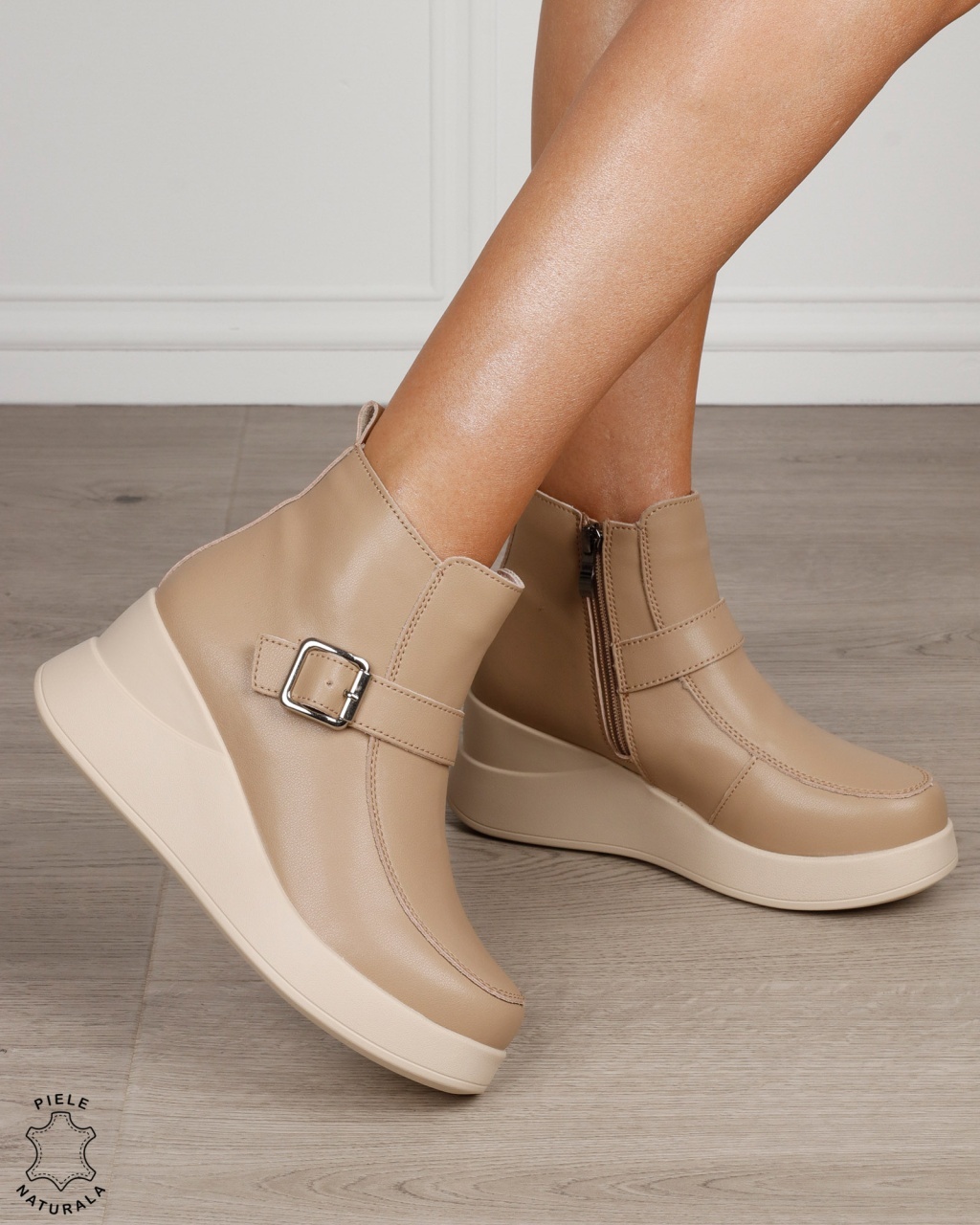 Ghete damă din piele naturală cu baretă cataramă și talpă înaltă CRL1889 KHAKI