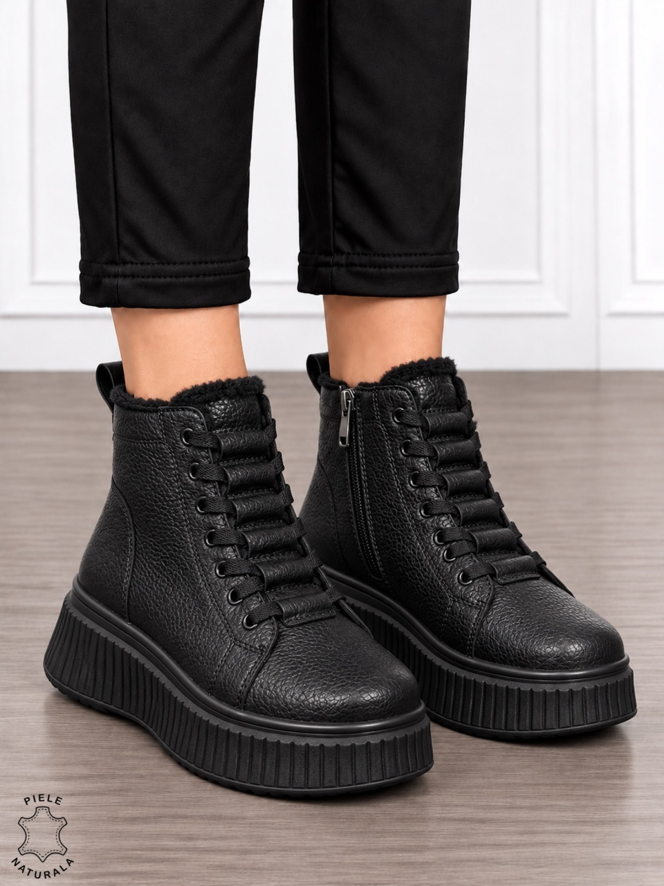 Ghete damă din piele naturală cu finisaj clasic CRL1904 NEGRU