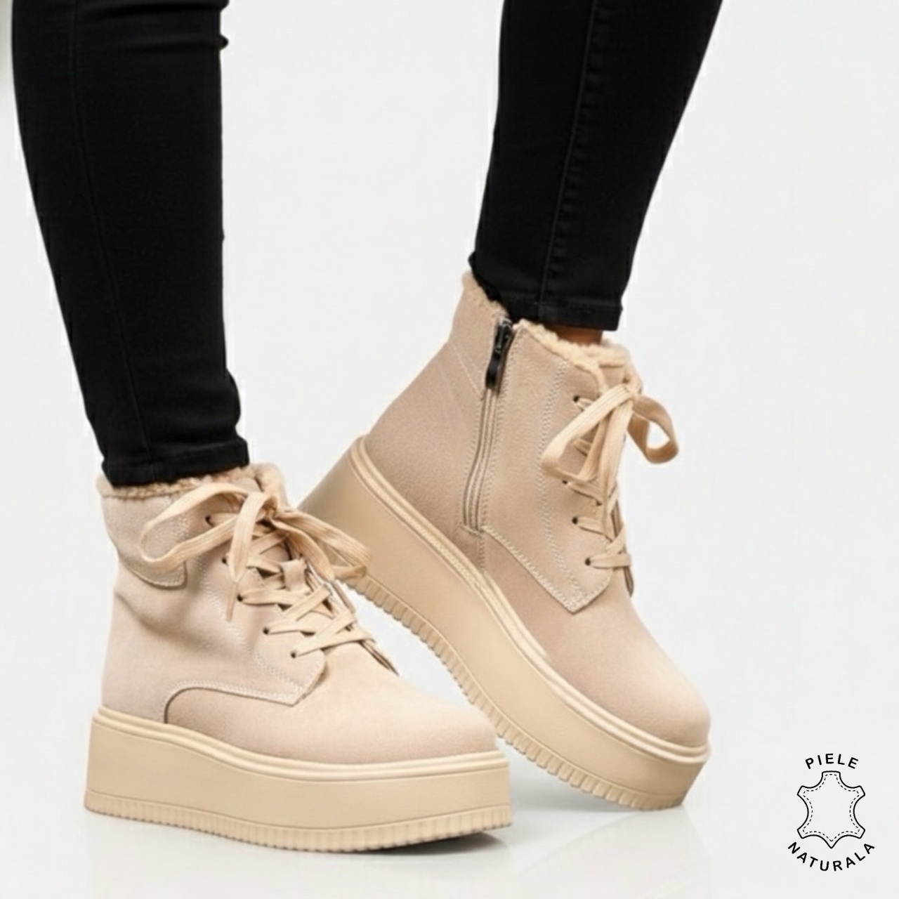 GHETE DAMA din PIELE Naturala intoarsa cu talpa groasa cu dubla inchidere CRL1532bej