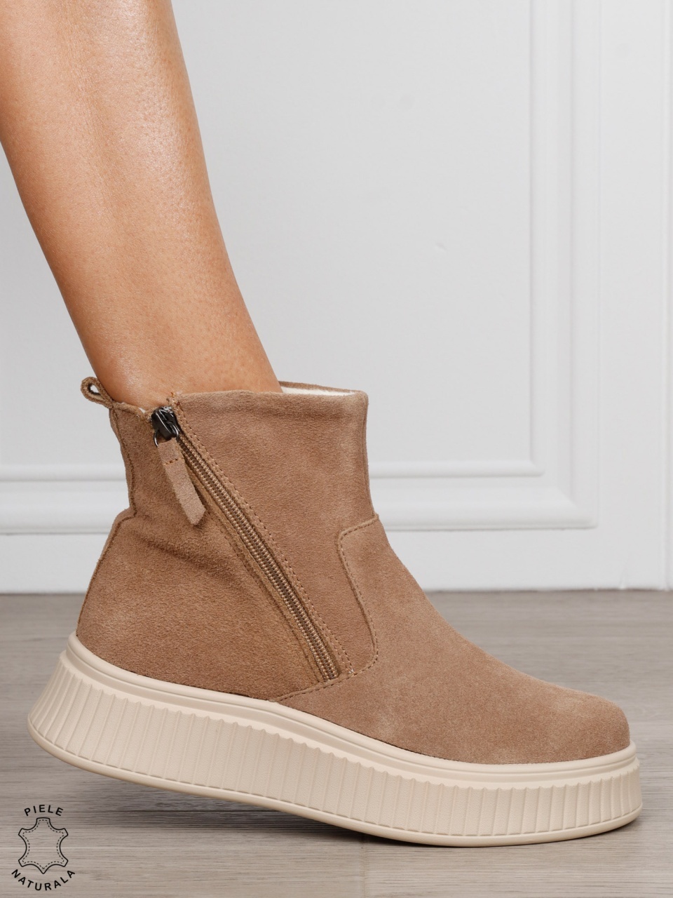 GHETE DAMA din PIELE Naturala intoarsa cu talpa groasa cu dublu fermoar CRL1533KHAKI