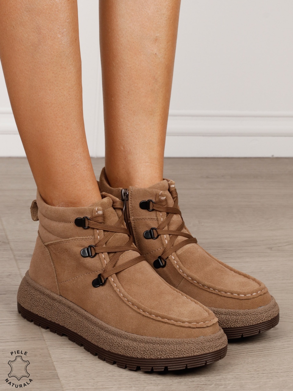 Ghete damă din piele naturală întoarsă model versatil CRL1848 KHAKI