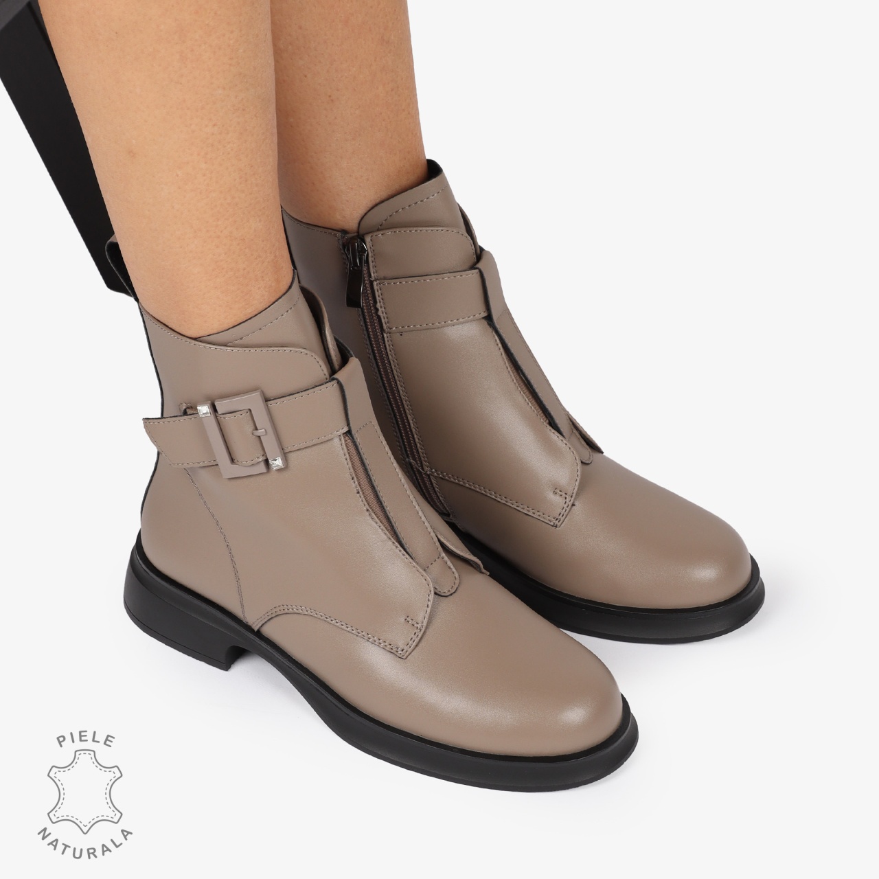 Ghete Dama Piele Naturala cu Cataramă Metalică CRL1265 KHAKI