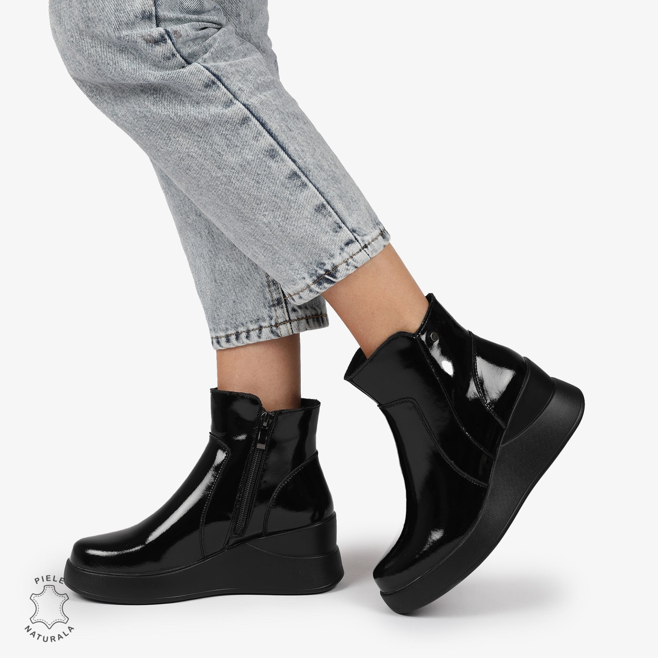 Ghete Dama Piele Naturala LACUITA cu INCHIDERE FERMOAR CRL1297 NEGRU