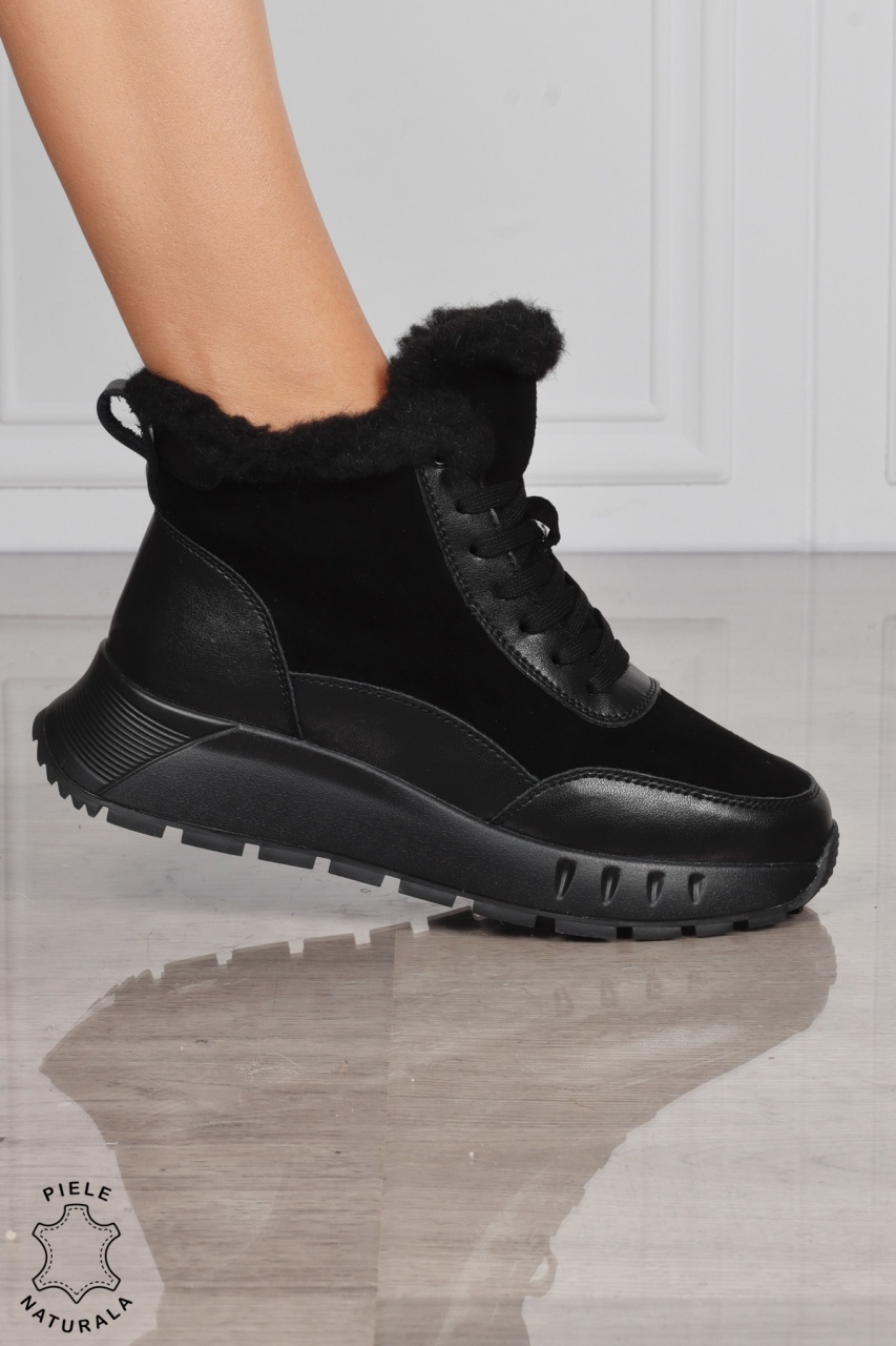 GHETE DAMA scurte din PIELE Naturala Combinata cu Piele intoarsa CRL1528 Negru