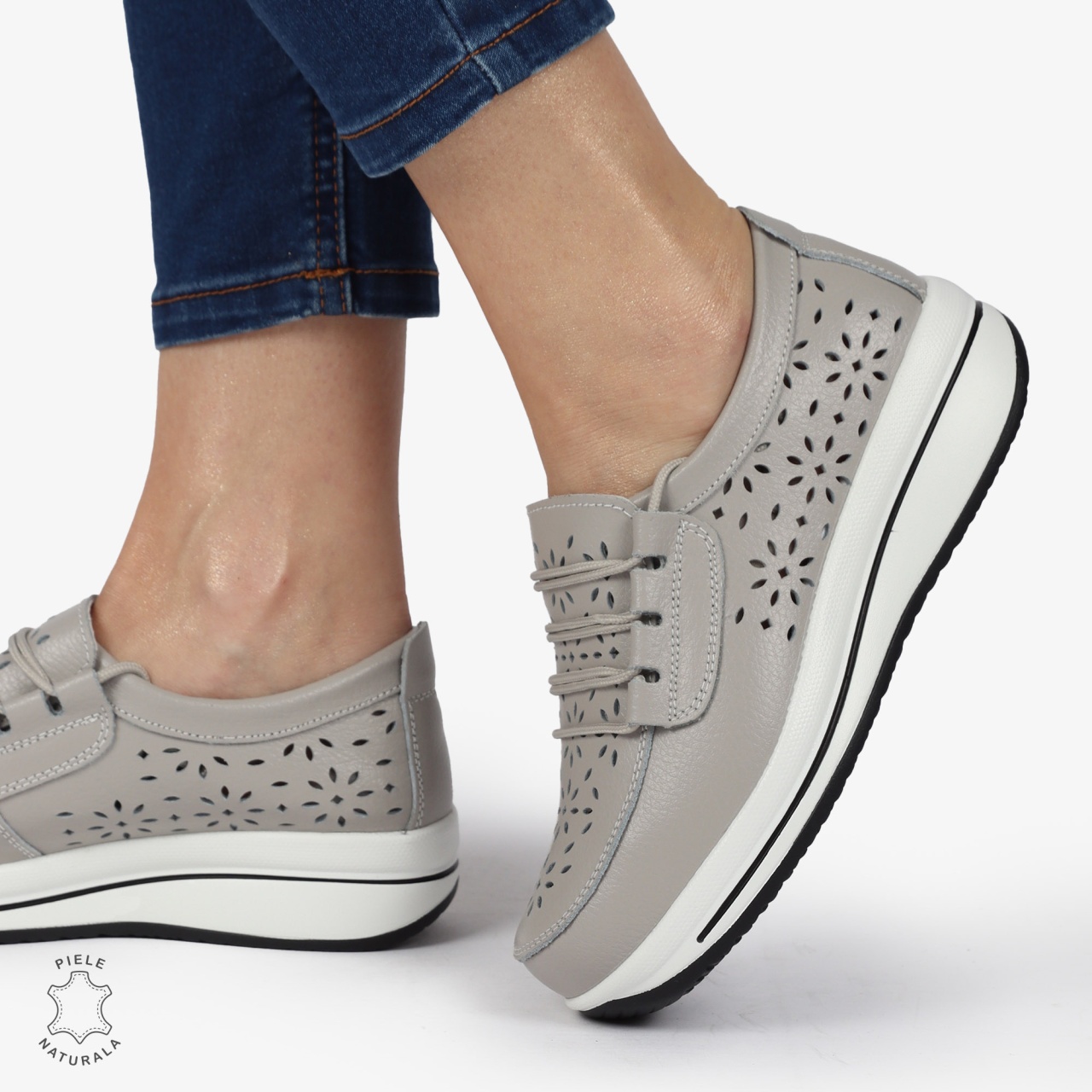 Mocasini dama din Piele Naturala Perforati CRL1364 GRI